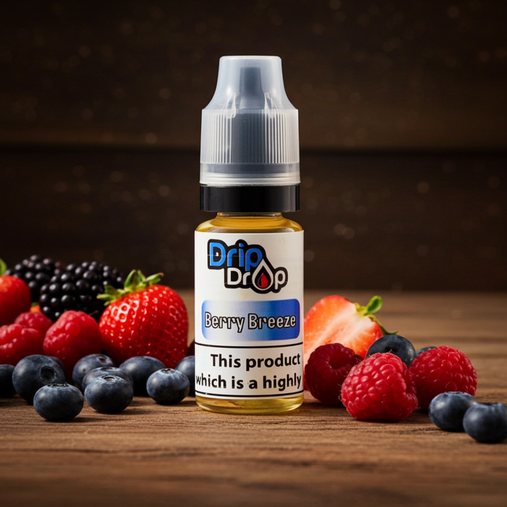 Drip Drop Berry Breeze e-liquid bottle with berries on a wooden surface