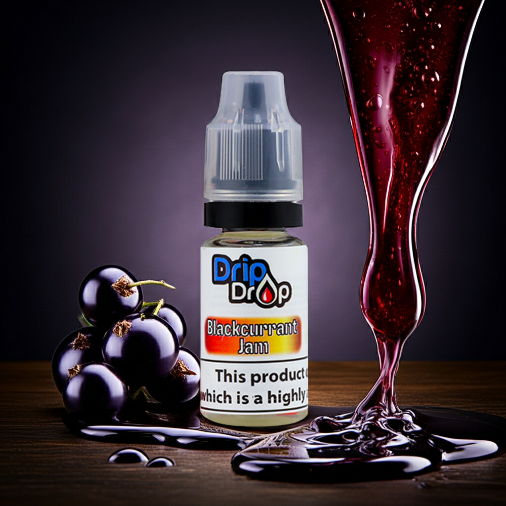 Drip Drop Blackcurrant Jam bottle with blackcurrants and jam on a dark background