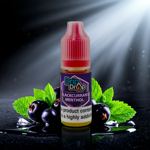 Drip Drop Blackcurrant Menthol vape juice bottle with blackcurrants and mint leaves on a dark background