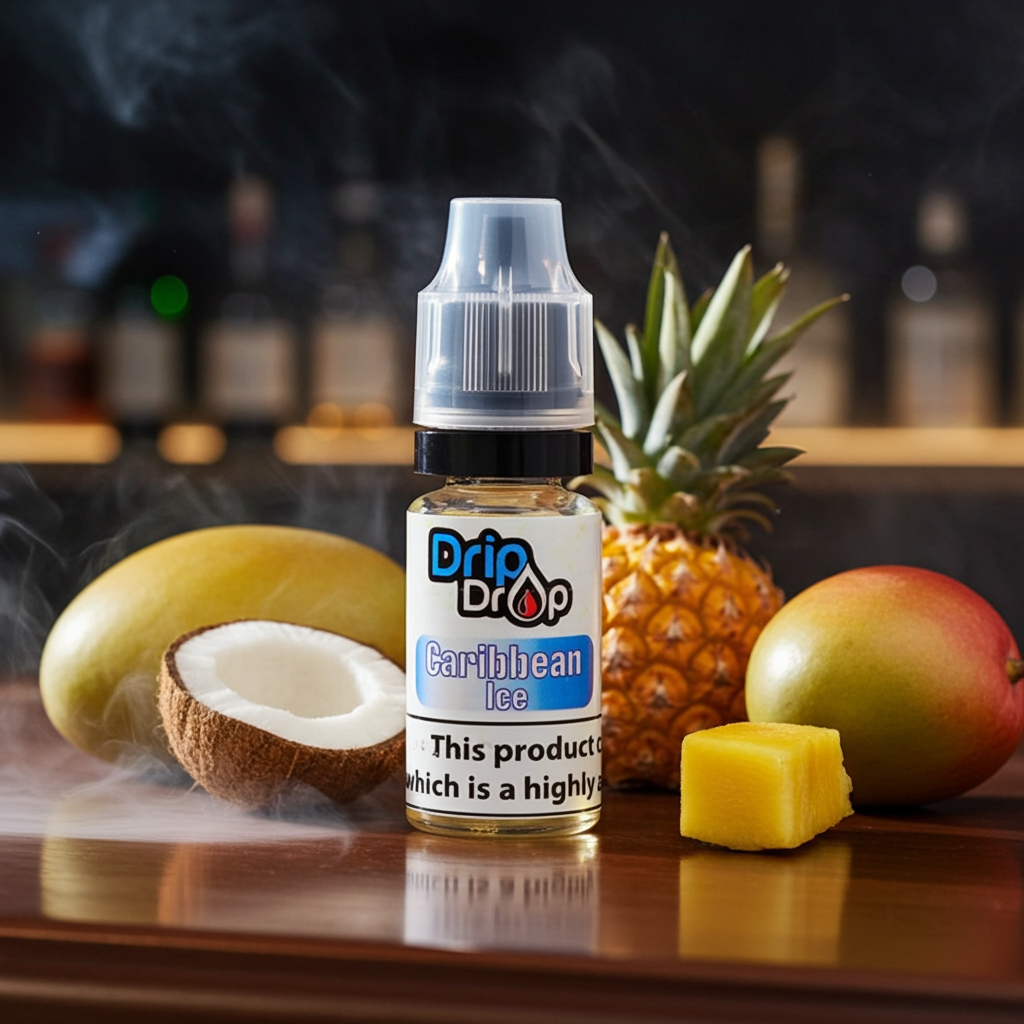 Drip Drop Caribbean Ice vape juice bottle with tropical fruits on a wooden surface
