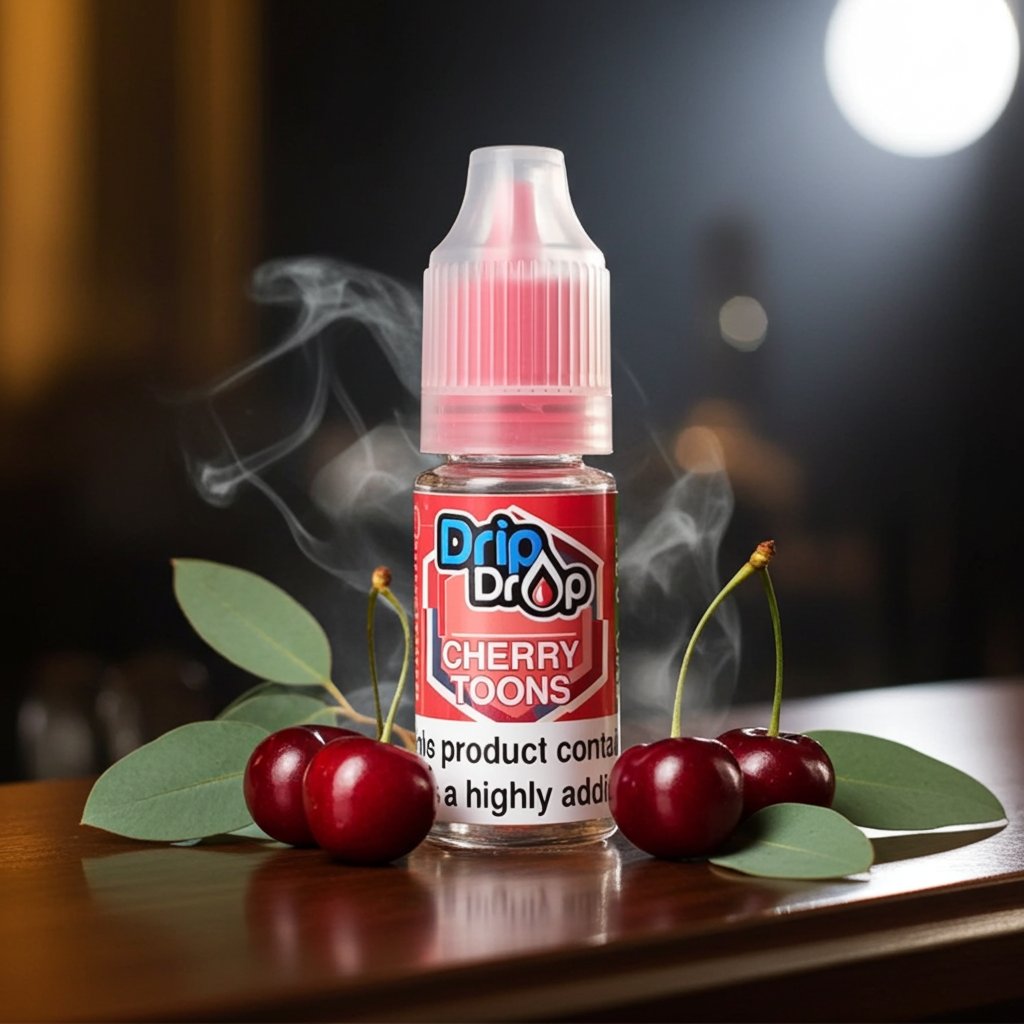 Drip Drop Cherry Toons vape juice bottle with cherries on a wooden surface