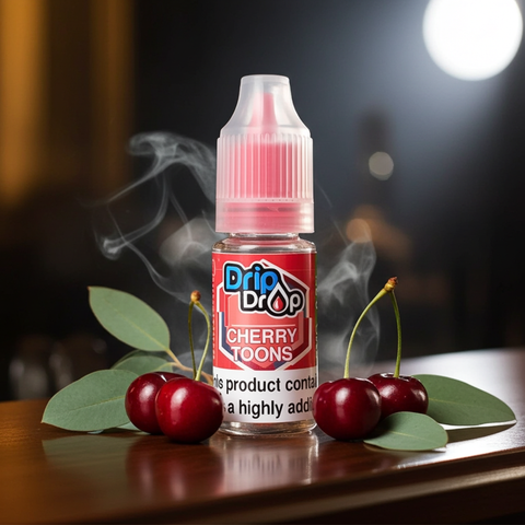 Drip Drop Cherry Toons vape juice bottle with cherries on a wooden surface
