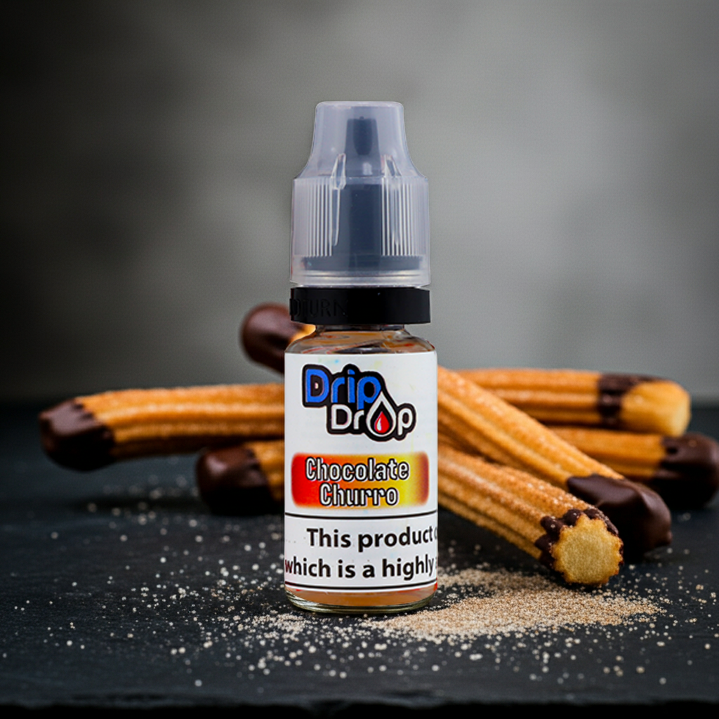 Bottle of Drip Drop Chocolate Churro flavor vape juice with churros on a dark surface.