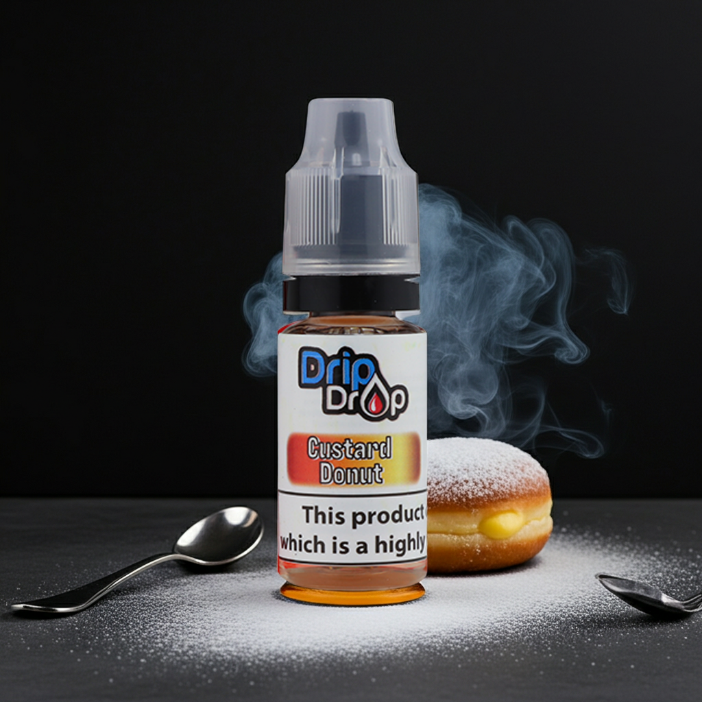 Bottle of Drip Drop Custard Donut vape juice with a donut and spoons on a dark background