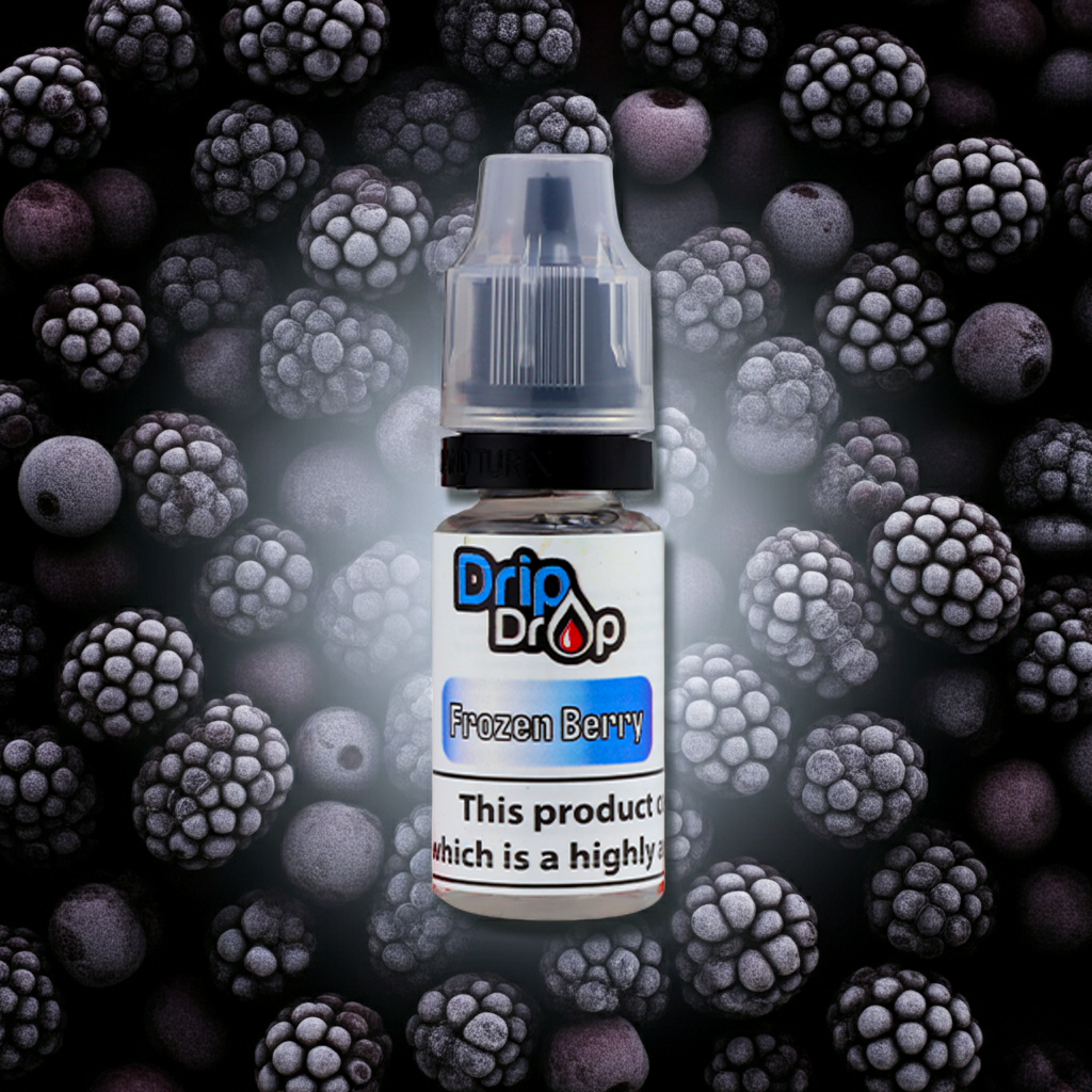 Bottle of Drip Drop Frozen Berry vape juice with frozen berries in the background