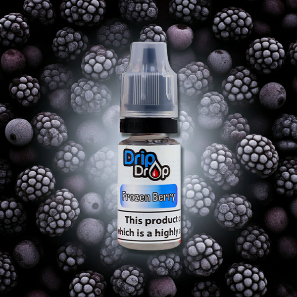 Bottle of Drip Drop Frozen Berry vape juice with frozen berries in the background