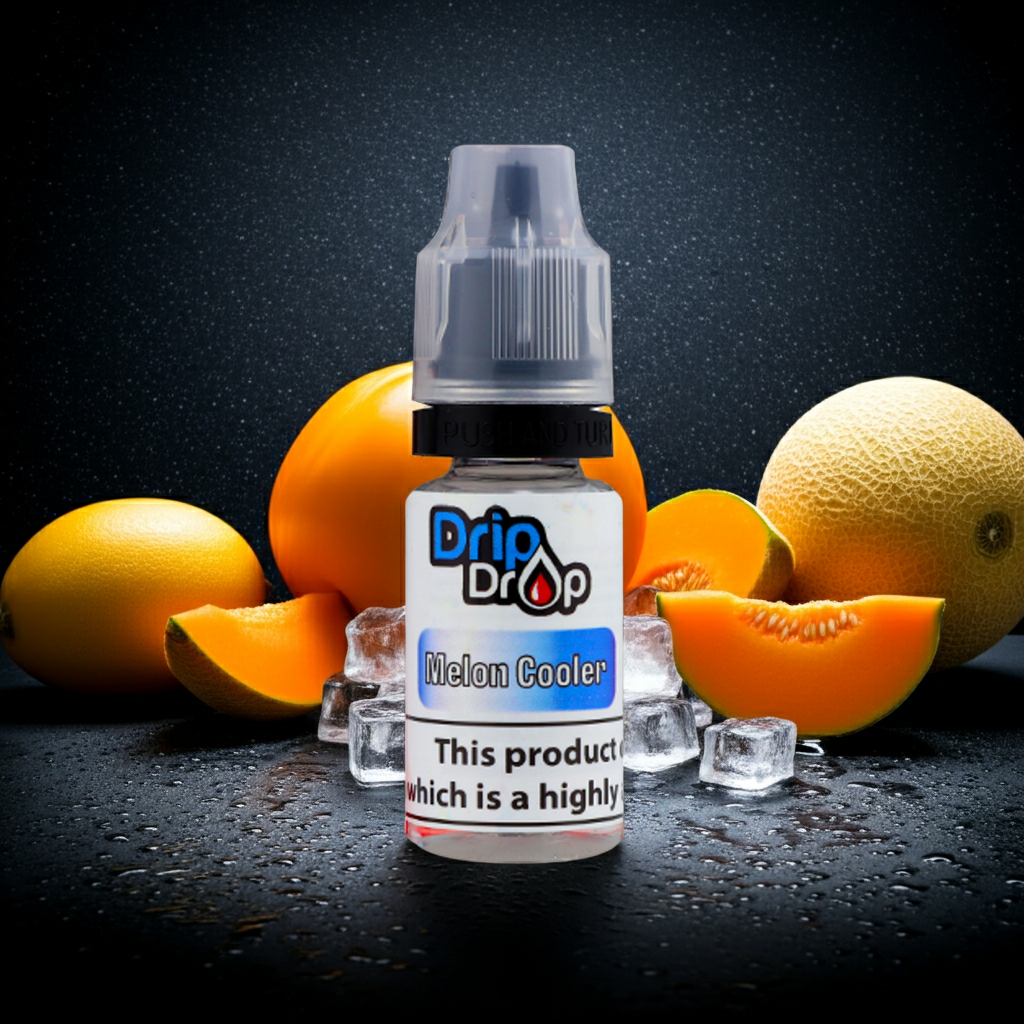 Drip Drop Melon Cooler vape juice bottle with melons and ice on a dark background