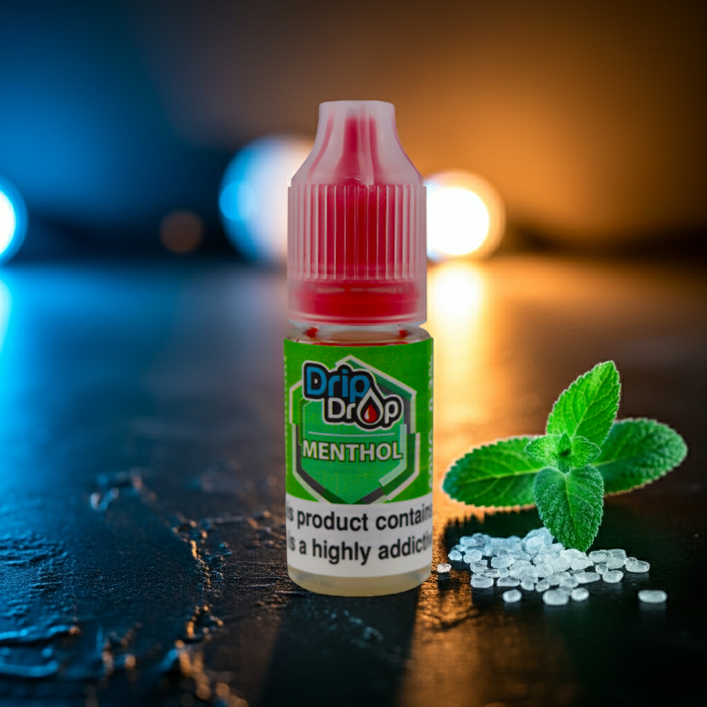 Bottle of DripDrop Menthol e-liquid