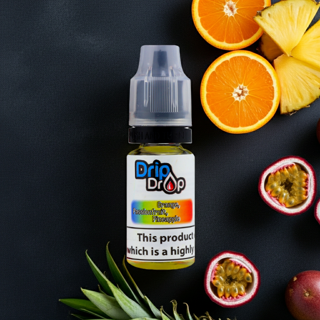 Drip Drop fruit-flavored vape juice bottle with oranges, pineapple, and passion fruit on a dark background