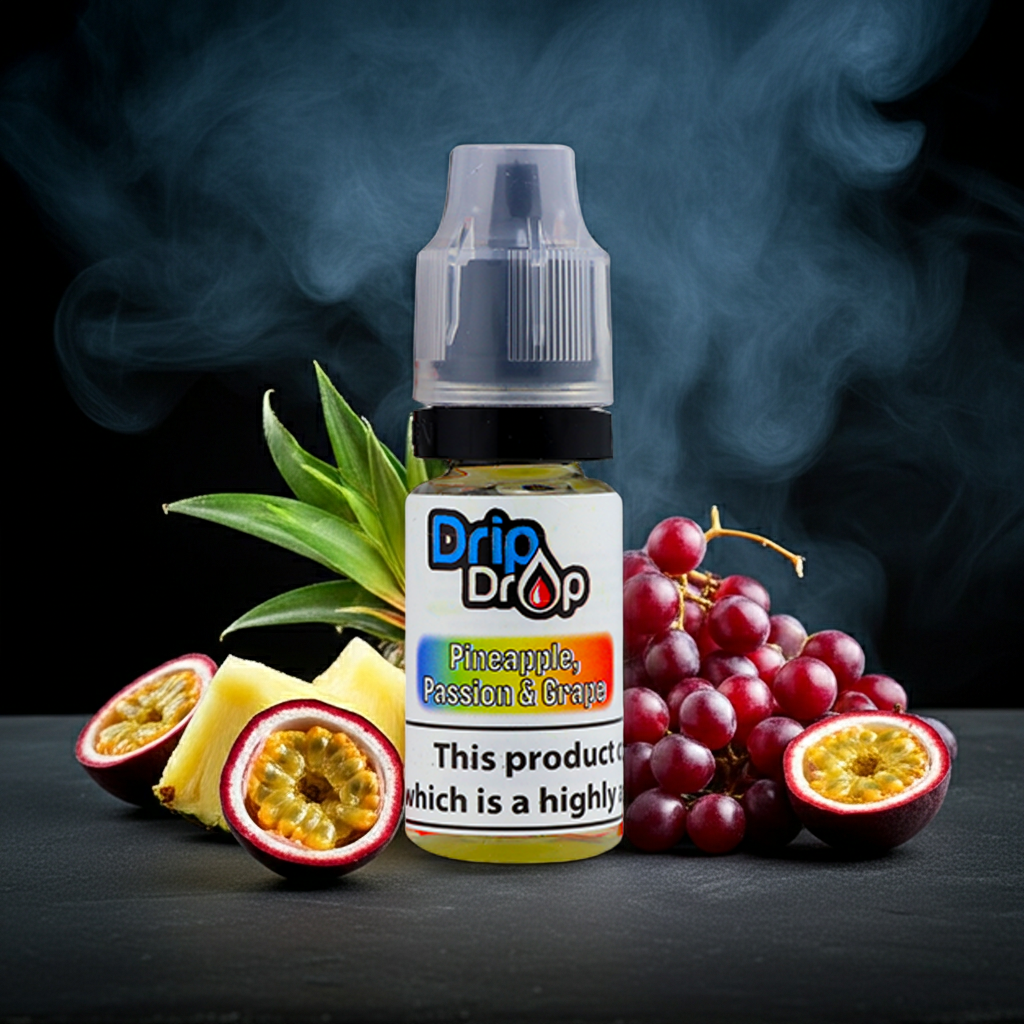 Drip Drop pineapple, passion, and grape vape juice bottle 